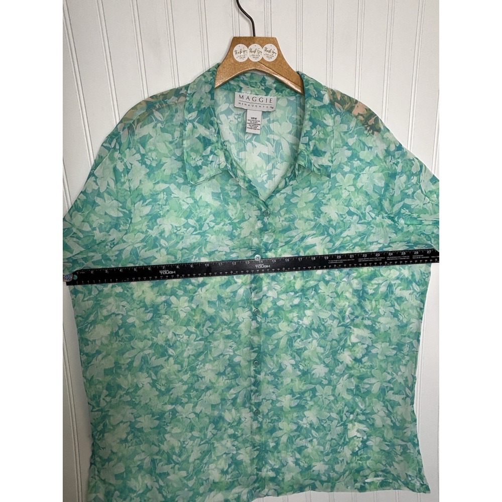 Maggie McNaughton Blouse 18W Aqua Blue Watercolor Floral Sheer Button Up Shirt - Picture 6 of 9